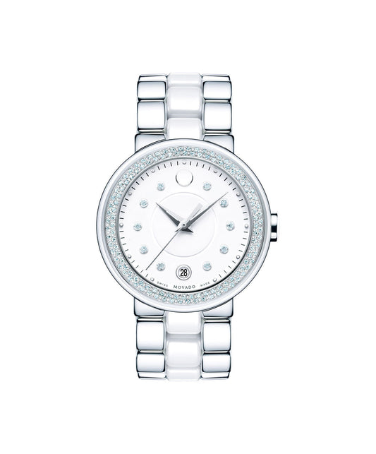 Movado Women's Cerena 36mm SS Ceramic Diamond Dial Diamond Bezel On Bracelet 0606625