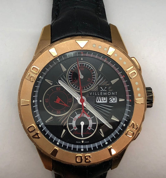 Villemont Seas Chrono Automatic 18KT Rose Gold Black Dial On Strap Men's Watch 1049.001