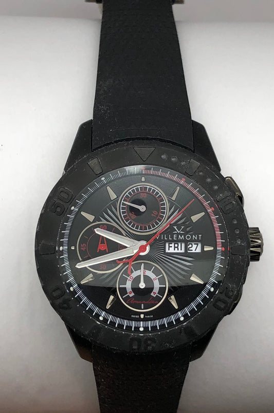 Villemont Seas Chrono Automatic PVD Black Dial On Rubber Strap Men's Watch 1049.003