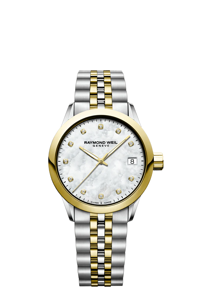 Raymond Weil Freelancer 34mm Two Tone MOP Diamond Dial On Bracelet Ladies Watch 5634-STP-97081