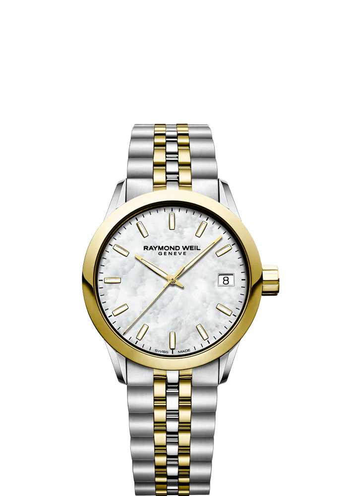 Raymond Weil Freelancer 34mm Two Tone MOP On Bracelet Ladies Watch 5634-STP-97021