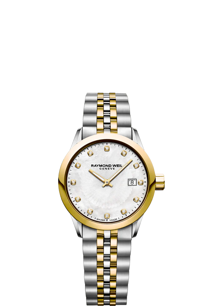 Raymond Weil Freelancer 29mm Two Tone MOP Diamond Dial On Bracelet Ladies Watch 5629-STP-97081