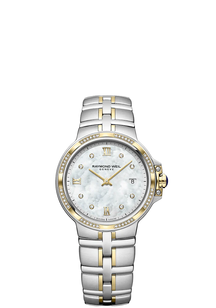 Raymond Weil Parsifal 30mm Two Tone MOP Diamond Dial Diamond Bezel On Bracelet Ladies Watch 5180-SPS-00995