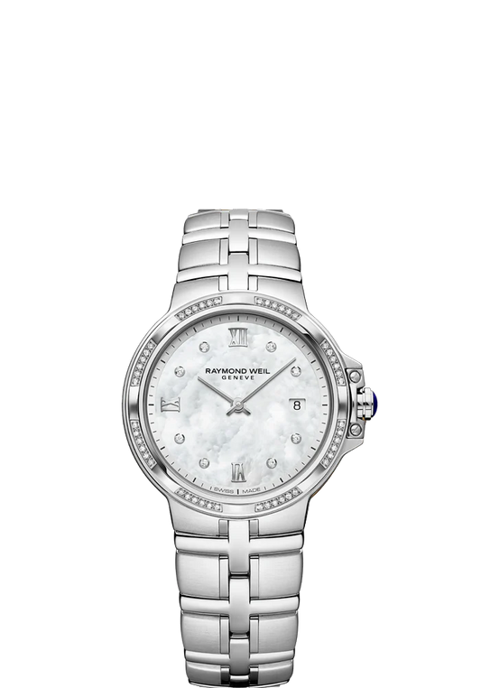 Raymond Weil Parsifal 30mm Stainless Steel MOP Diamond Dial Diamond Bezel On Bracelet Ladies Watch 5180-STS-00995