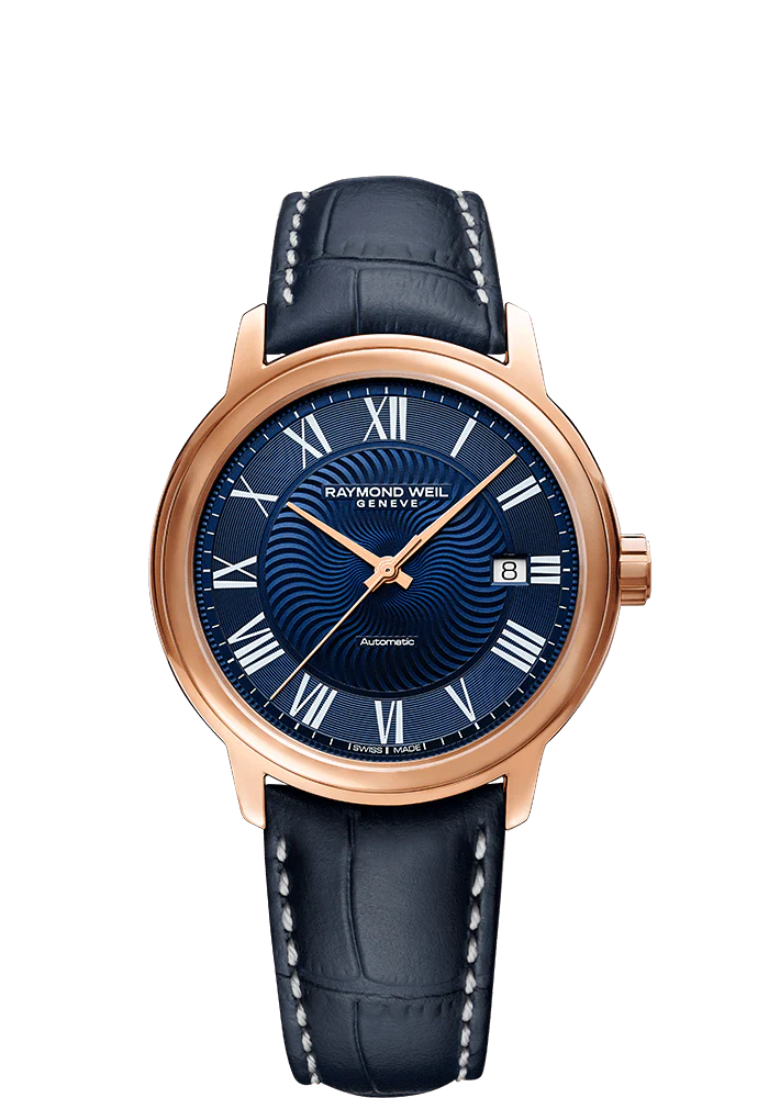 Raymond Weil Maestro Blues 40mm Automatic Rose Gold PVD On Strap Men's Watch 2237-PC5-00508