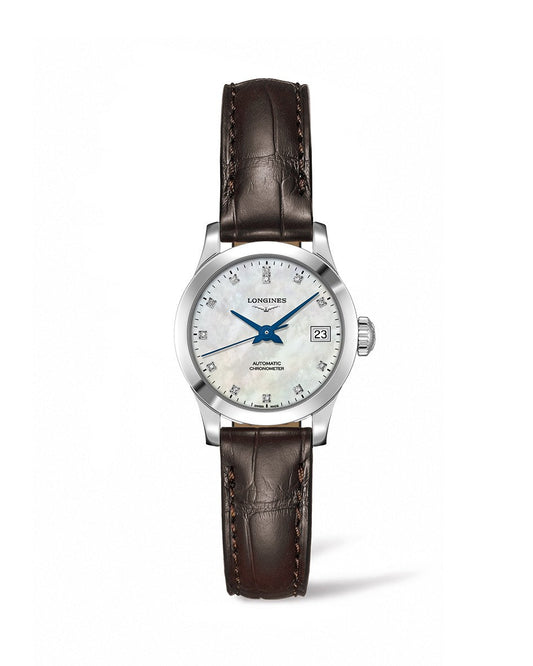 Longines Record 26mm Automatic Chronometer Stainless Steel MOP Diamond Dial On Strap Ladies Watch L2.320.4.87.2