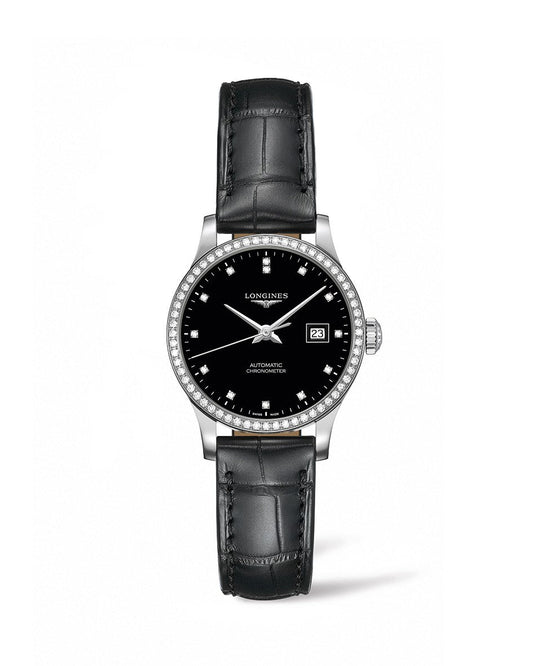 Longines Record 30mm Automatic Chronometer Stainless Steel Diamond Dial & Bezel On Strap Ladies Watch L2.321.0.57.2