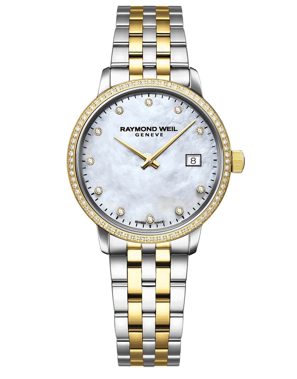 Raymond Weil Toccata 29mm Two-Tone MOP Diamond Dial Diamond Bezel On Bracelet Ladies Watch 5985-SPS-97081