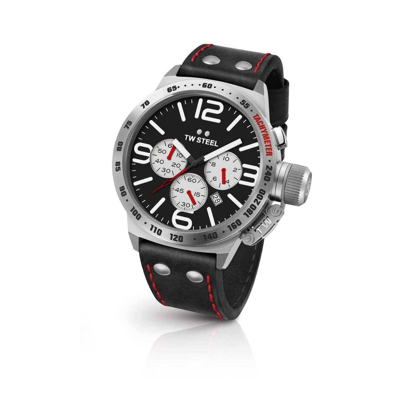 TW Steel Canteen 45mm Steel Chronograph Black With Silver Eyes On Leather Strap CS7