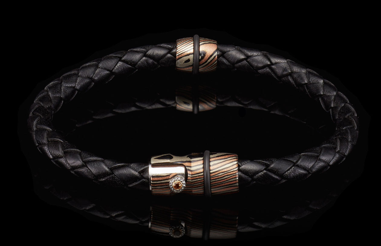 William Henry Braided leather Bracelet With Bead & Bolt Action Clasp Large Size LB1-M-LG