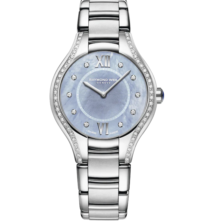 Raymond Weil Noemia 32mm Stainless Steel Blue MOP Diamond Dial Diamond Bezel On Bracelet Ladies Watch 5132-STS-00955