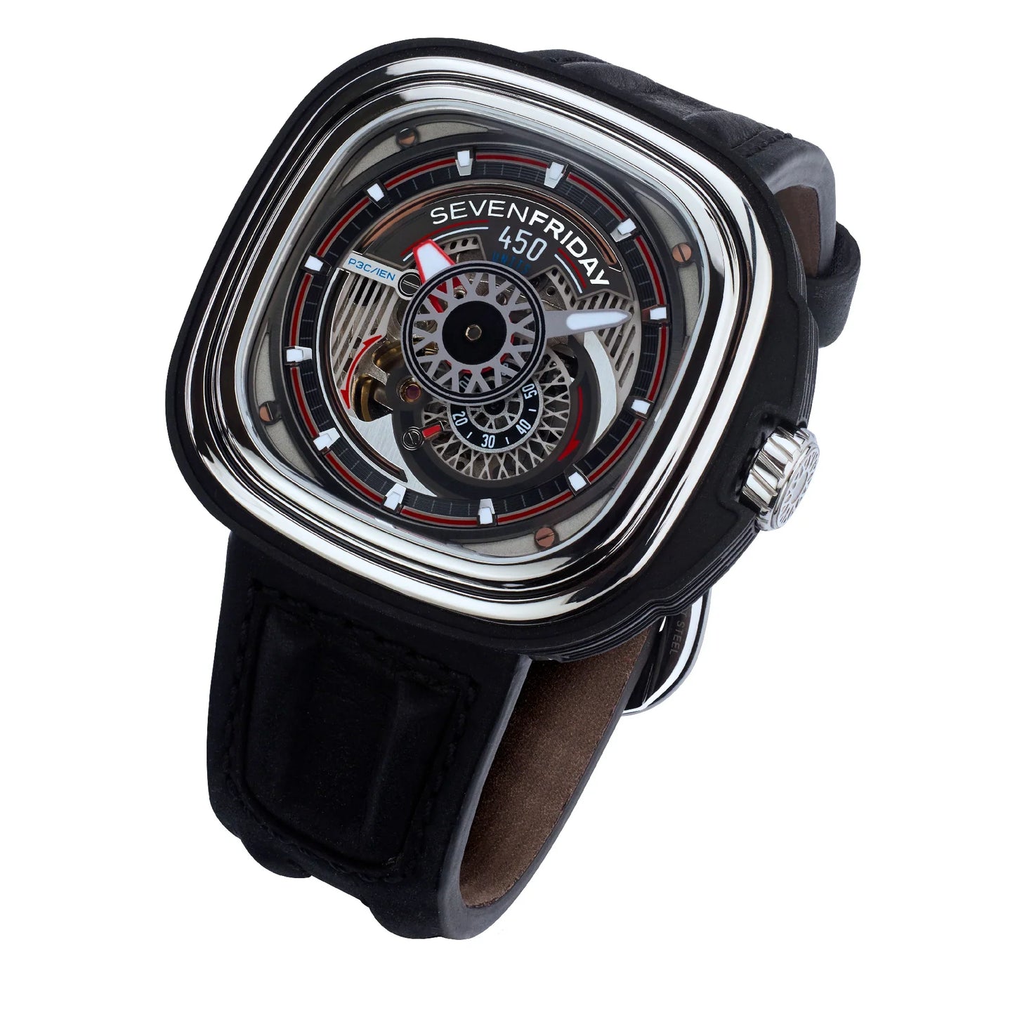 SevenFriday P Series Limited Edition Automatic Stainless Steel Black/Silver Dial On Strap Men's Watch P3/C