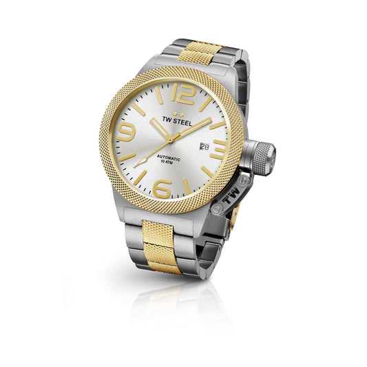 TW Steel Canteen 45mm Steel PVD Yellow Gold Plated Automatic Sunray Silver On Bracelet CB35