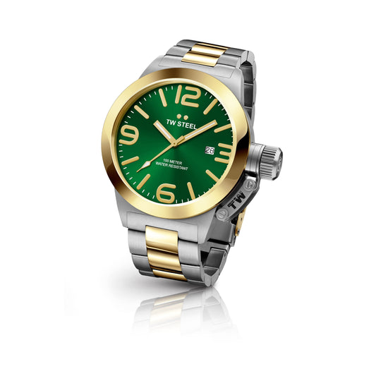 TW Steel Canteen 45mm Steel PVD Yellow Gold Plated Sunray Green On Bracelet CB61