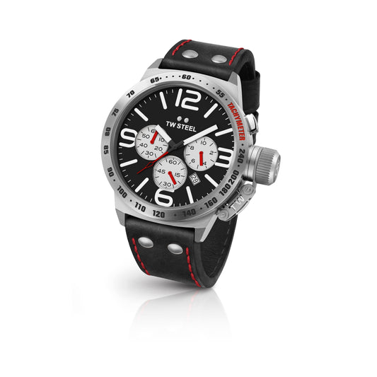 TW Steel Canteen 45mm Steel Chronograph Black With Silver Eyes On Leather Strap CS7