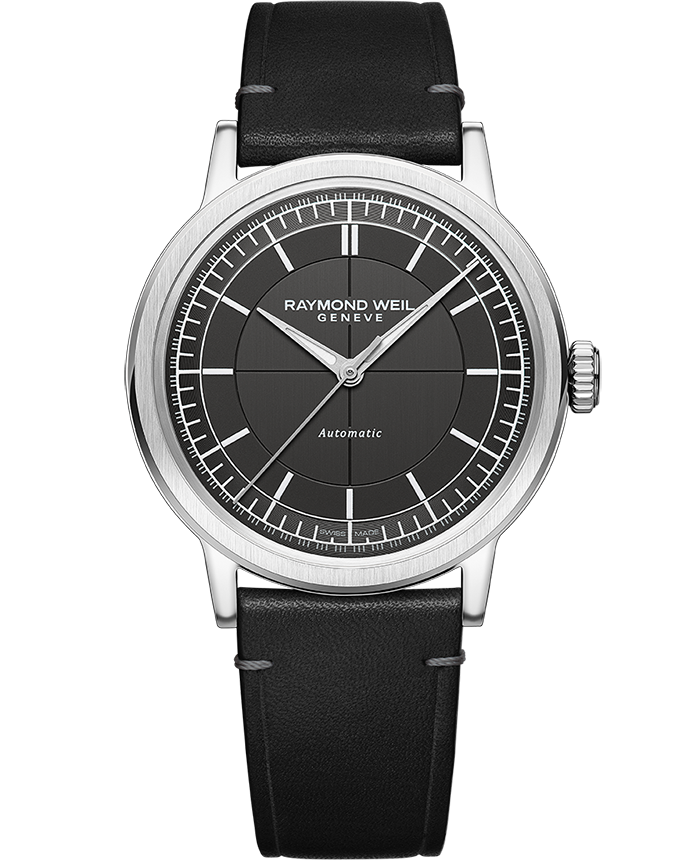 Millesime Men's Automatic Grey Sector Dial Black Leather Strap Watch, 39.5mm