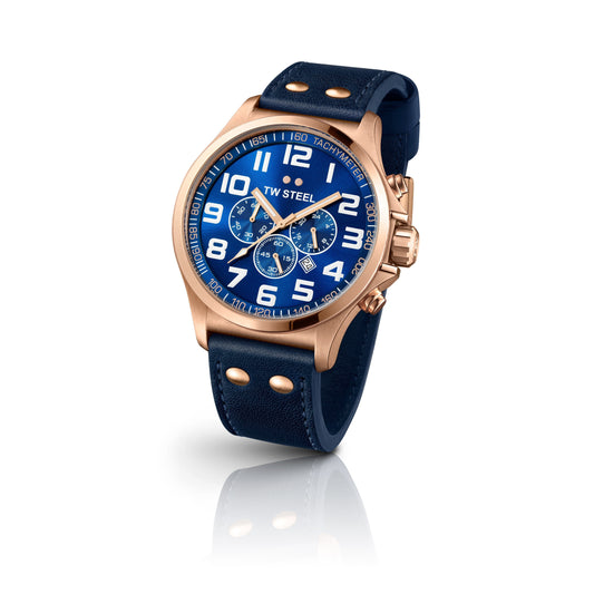 TW Steel Pilot 45mm PVD Rose Gold Plated Chronograph Blue On Leather Strap TW406