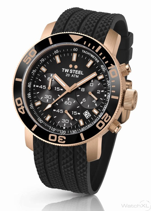 TW Steel Grandeur 45mm PVD Rose Gold Plated Chronograph Black With Rosegold Numbers On Silicon Strap TW702